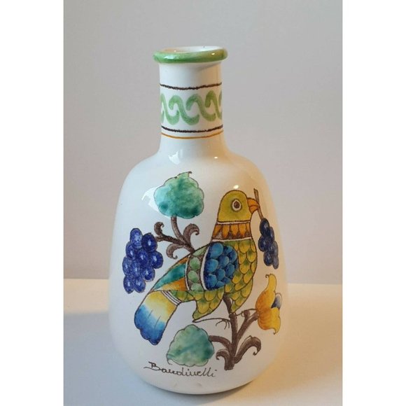 Italian Faience Vase,Hand-Painted Vase by Baudiuelli, Mid-Century, Bird & Grapes - Picture 1 of 8